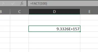 factorial of 100 in Excel
